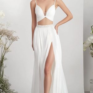 White Two Piece A Line Chiffon Engagement Dress With Slit