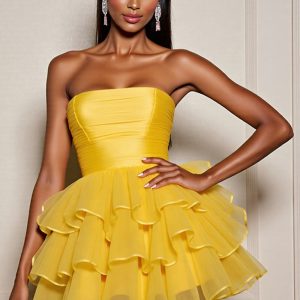 Yellow A Line Tiered Strapless Homecoming Dress