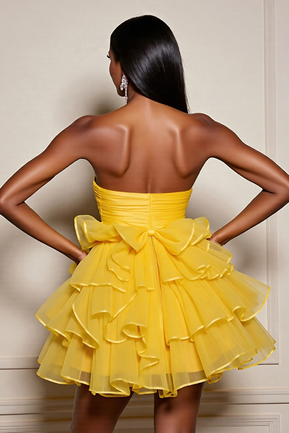 Yellow A Line Tiered Strapless Homecoming Dress - Image 2