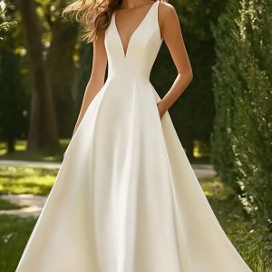 White V Neck A Line Satin Formal Dress