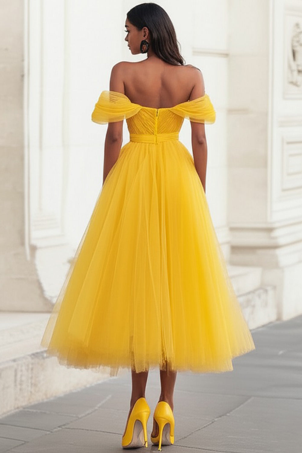 Yellow Off The Shoulder A Line Tulle Wedding Guest Dress - Image 2