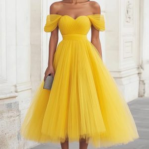 Yellow Off The Shoulder A Line Tulle Wedding Guest Dress