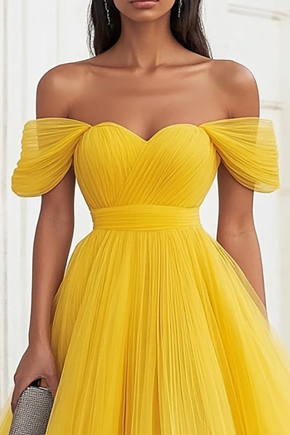 Yellow Off The Shoulder A Line Tulle Wedding Guest Dress - Image 3