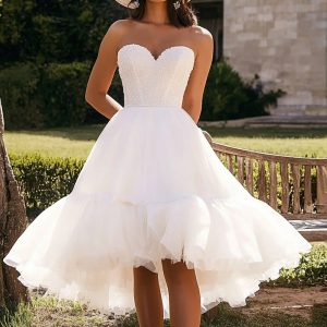 White Strapless Beaded Wedding Dress with Ruffles