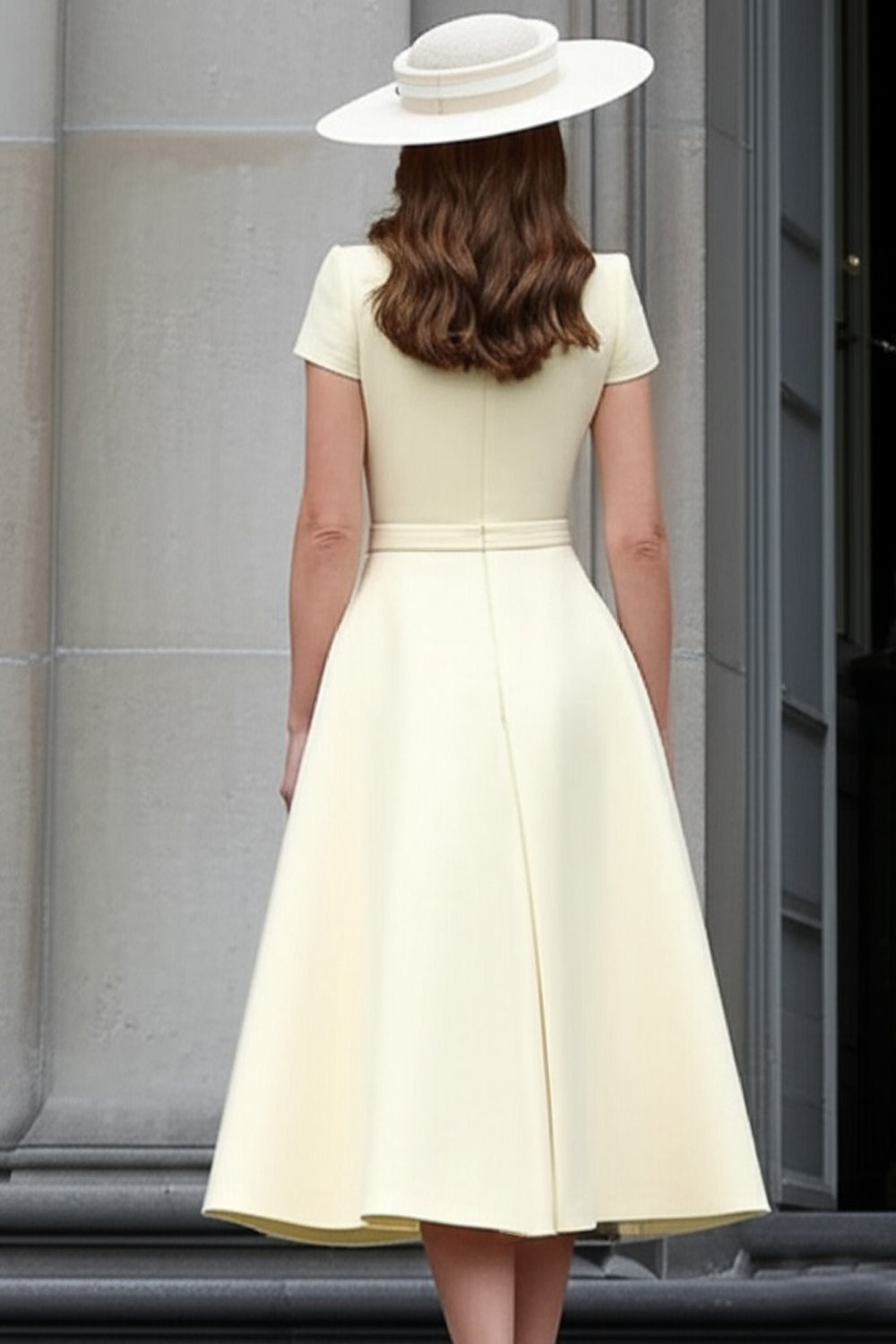 Yellow A Line Round Neck Midi Mother of the Bride Dress - Image 2