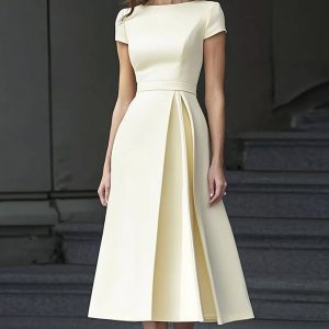 Yellow A Line Round Neck Midi Mother of the Bride Dress