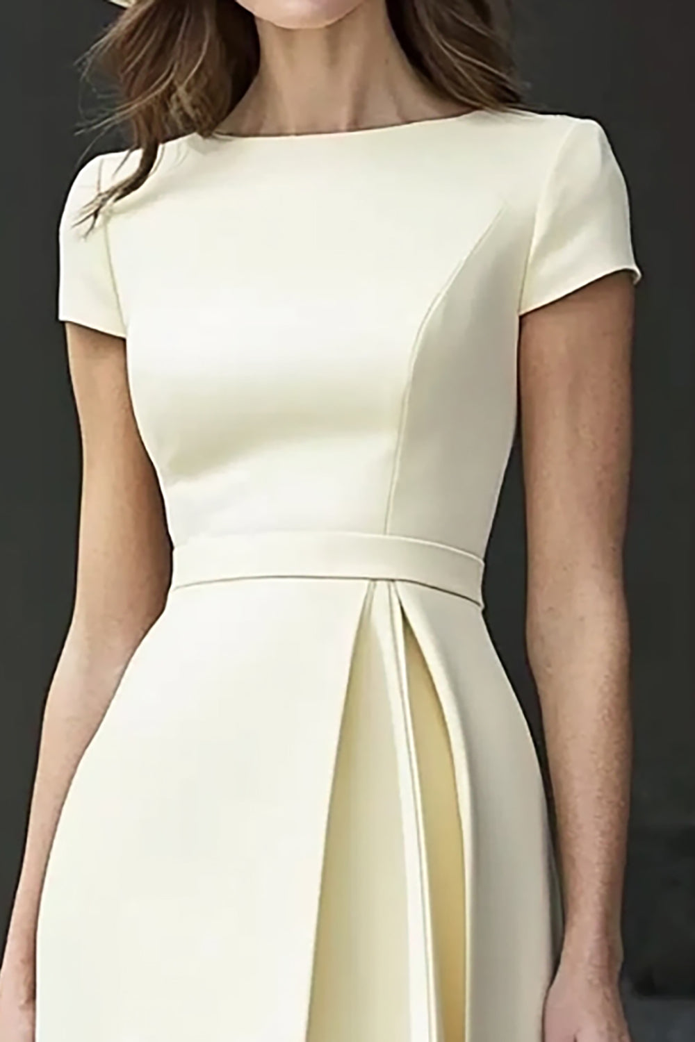 Yellow A Line Round Neck Midi Mother of the Bride Dress - Image 3