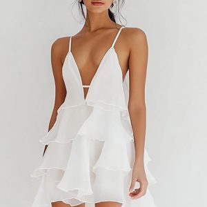 White Tiered Mini Graduation Dress With Ruffles
