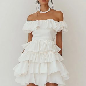 White Tiered Ruffled Off the Shoulder Graduation Dress