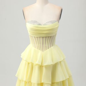 Yellow Strapless Tiered Corset A-Line Homecoming Dress with Beading