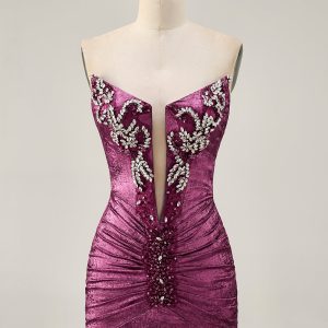 Wine Strapless Ruched Bodycon Homecoming Dress with Rhinestones