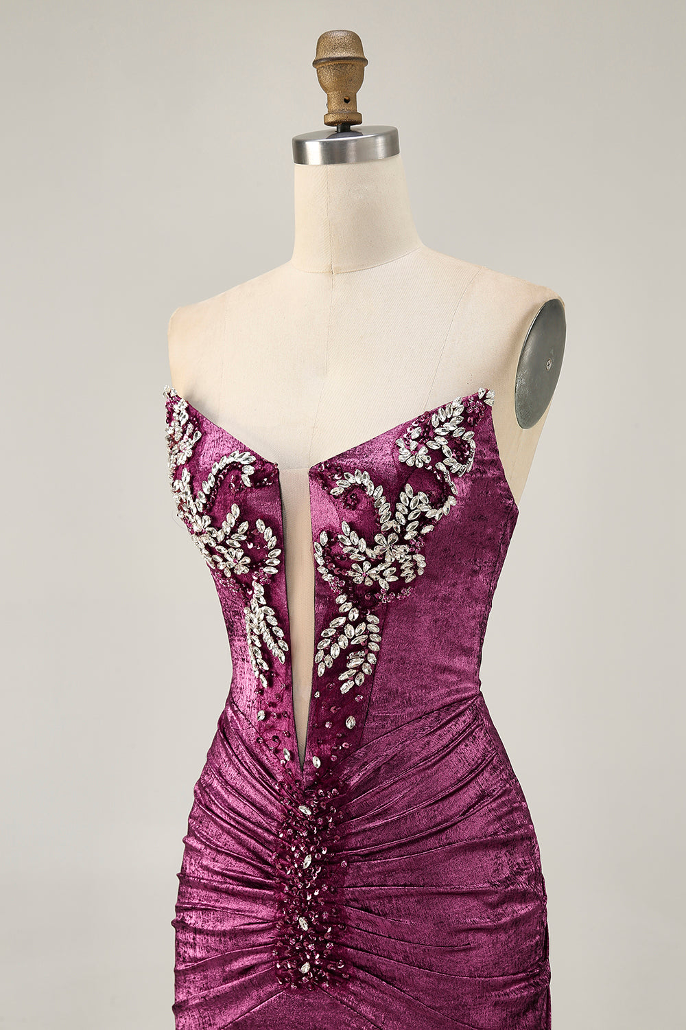 Wine Strapless Ruched Bodycon Homecoming Dress with Rhinestones - Image 6