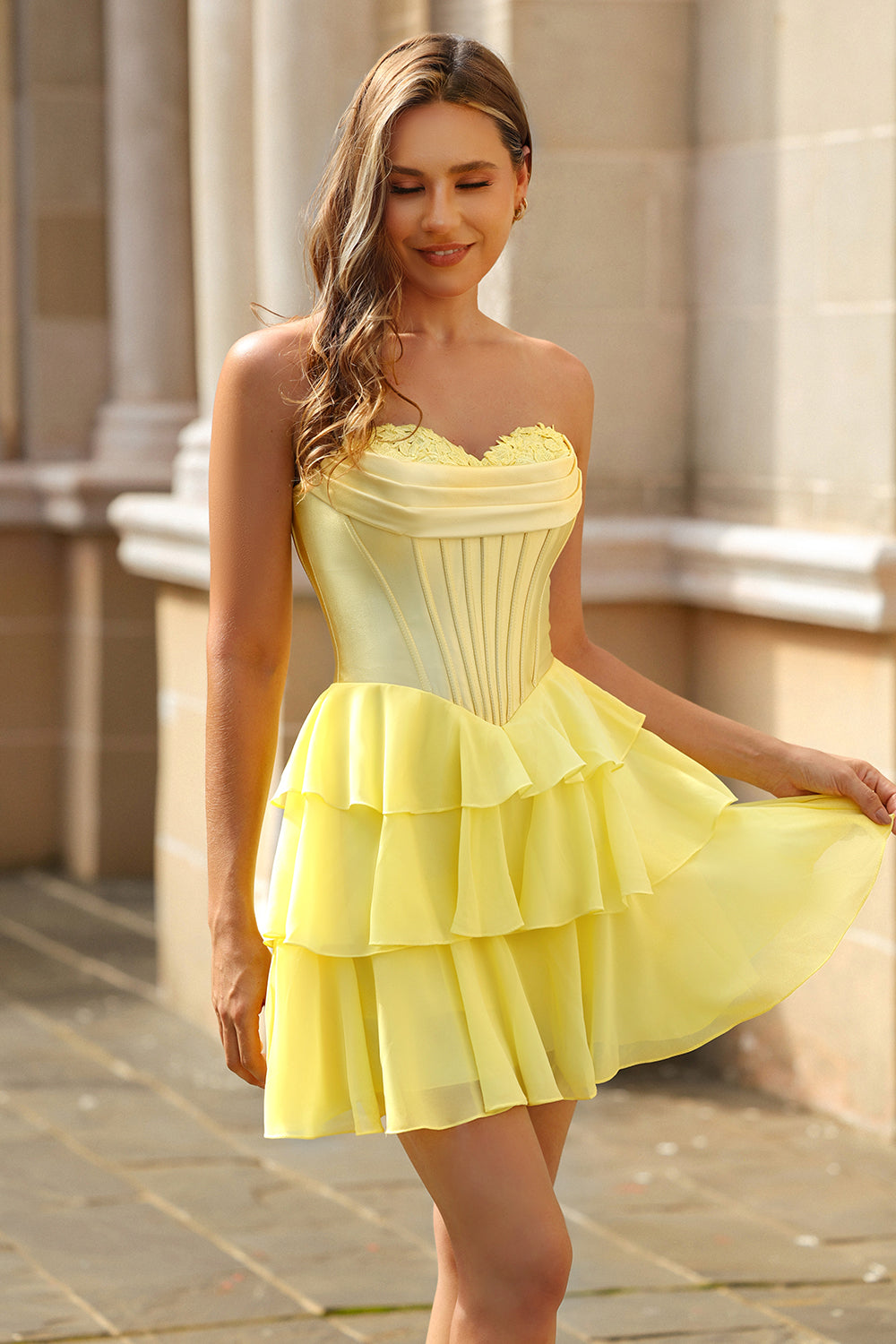 Yellow Ruffled Corset A-Line Sweetheart Homecoming Dress - Image 8