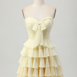 Yellow A Line Tiered Strapless Homecoming Dress with Bow