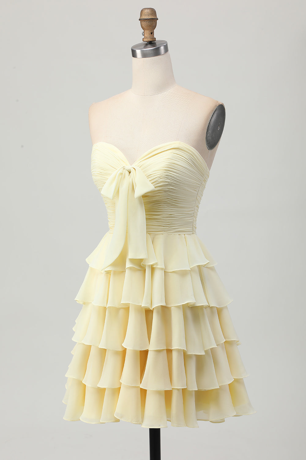 Yellow A Line Tiered Strapless Homecoming Dress with Bow - Image 5