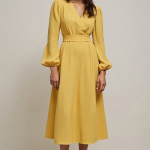 Yellow A Line Long Sleeve Wedding Guest Dress