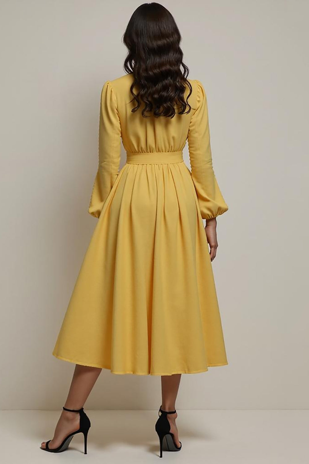 Yellow A Line Long Sleeve Wedding Guest Dress - Image 2