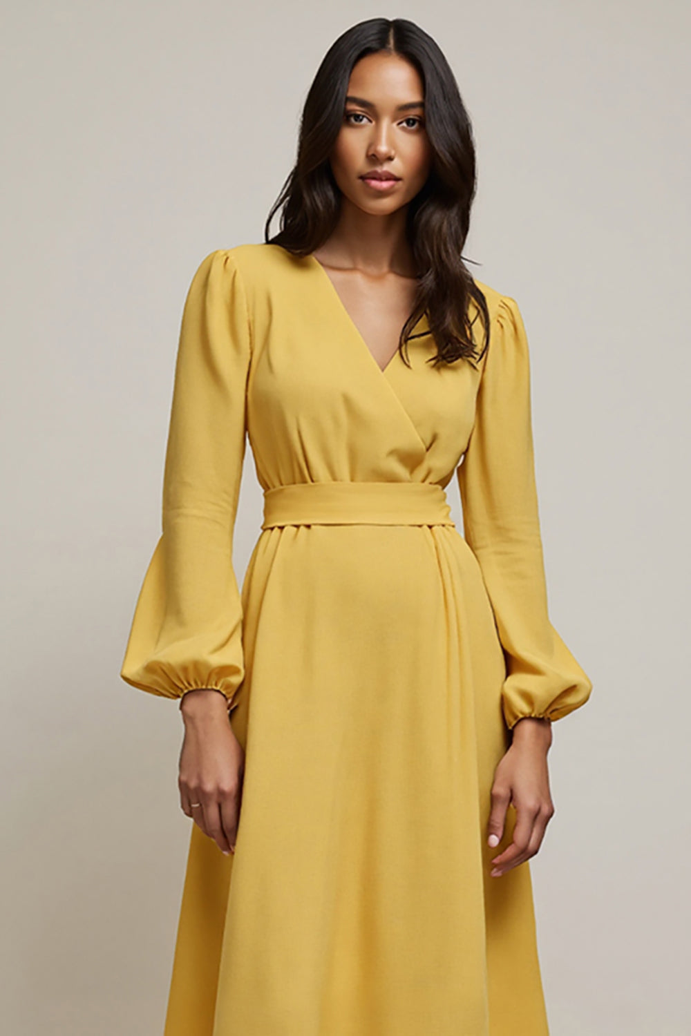 Yellow A Line Long Sleeve Wedding Guest Dress - Image 3
