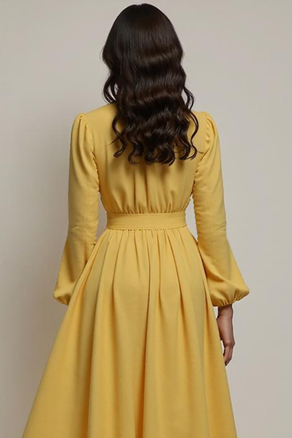 Yellow A Line Long Sleeve Wedding Guest Dress - Image 4