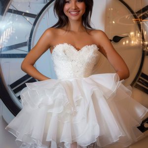 White Tiered Strapless Homecoming Dress with Sequins