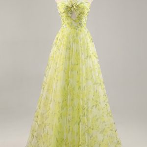 Yellow Green Halter Print Floral Prom Dress With 3D Flower