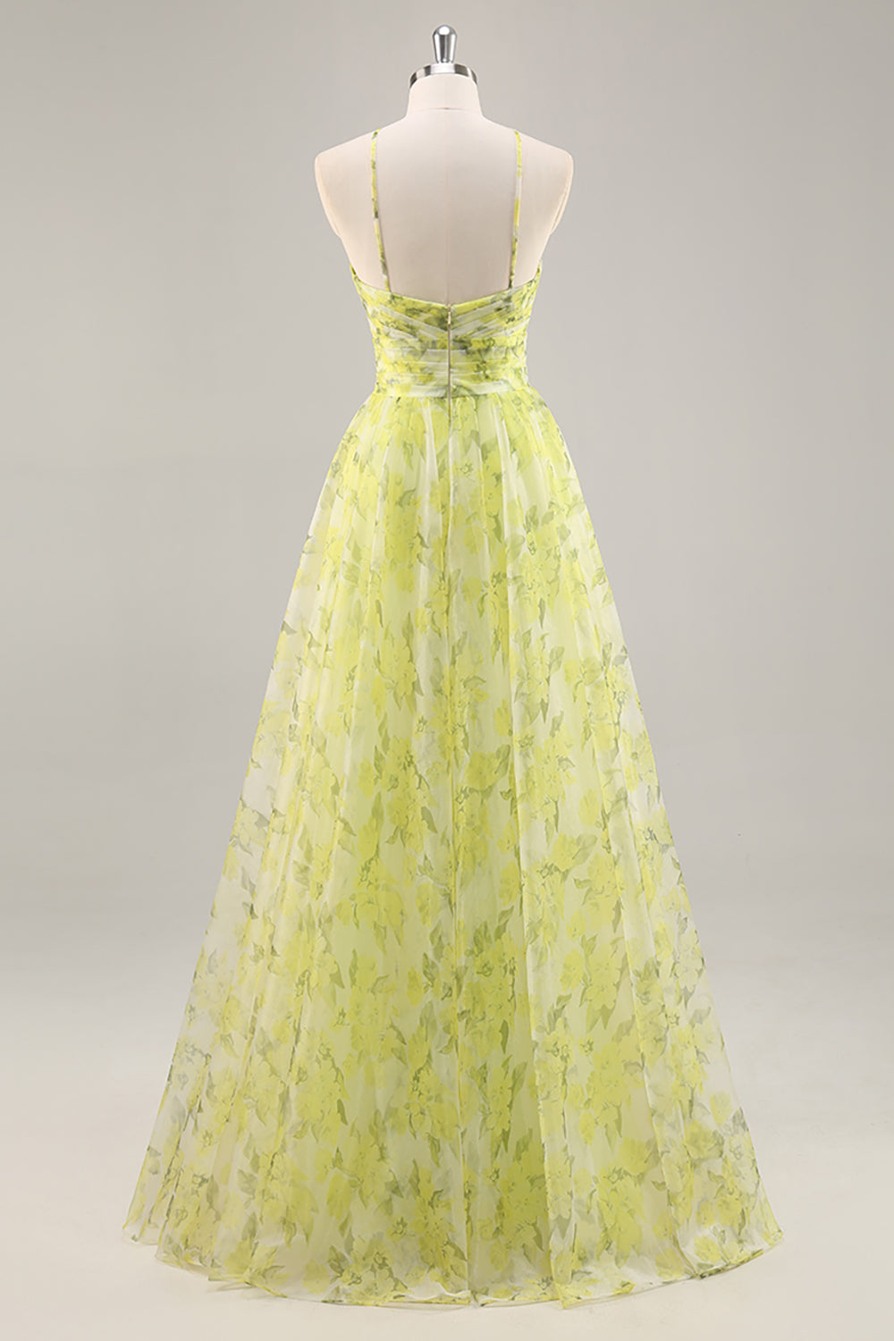 Yellow Green Halter Print Floral Prom Dress With 3D Flower - Image 2