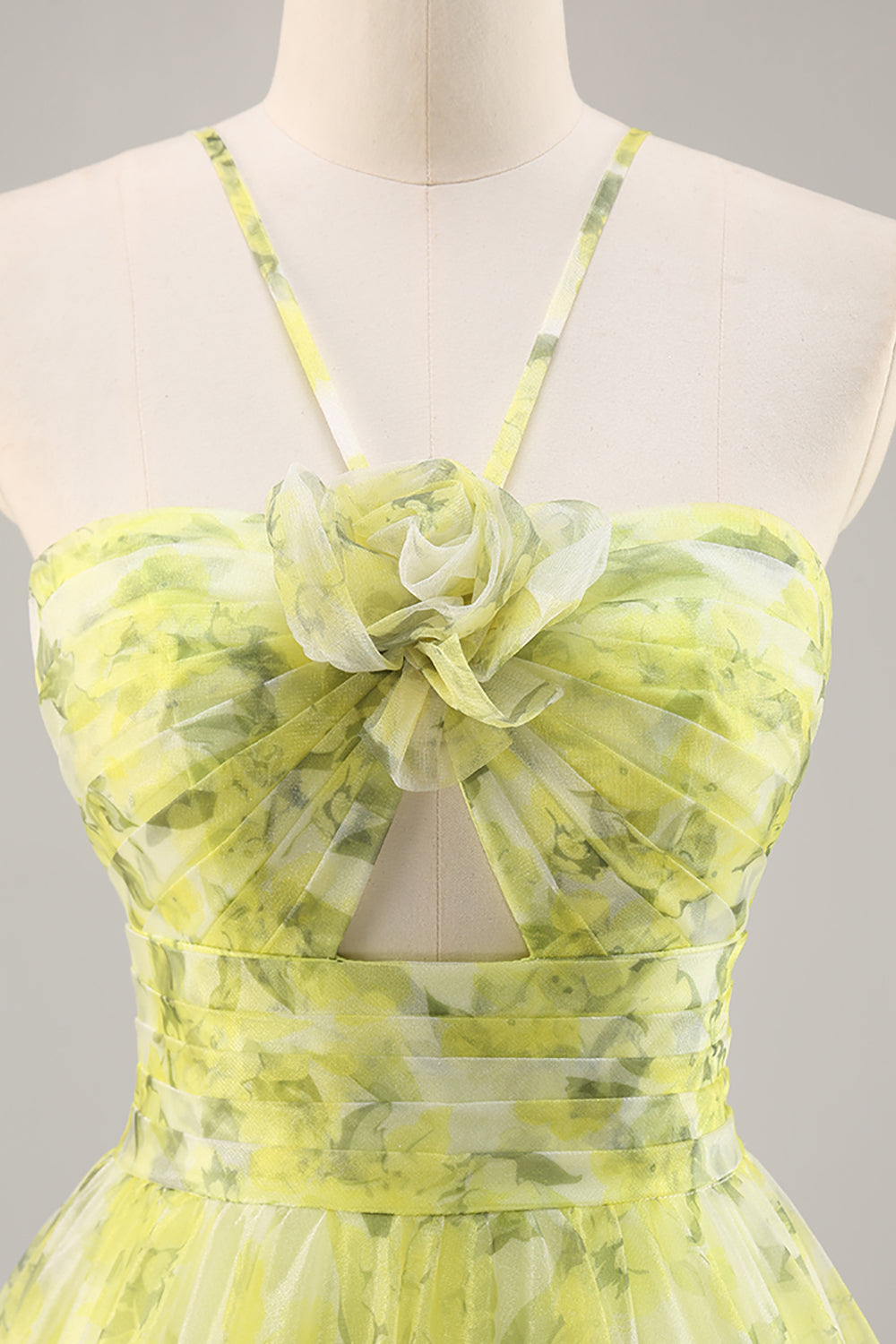 Yellow Green Halter Print Floral Prom Dress With 3D Flower - Image 7
