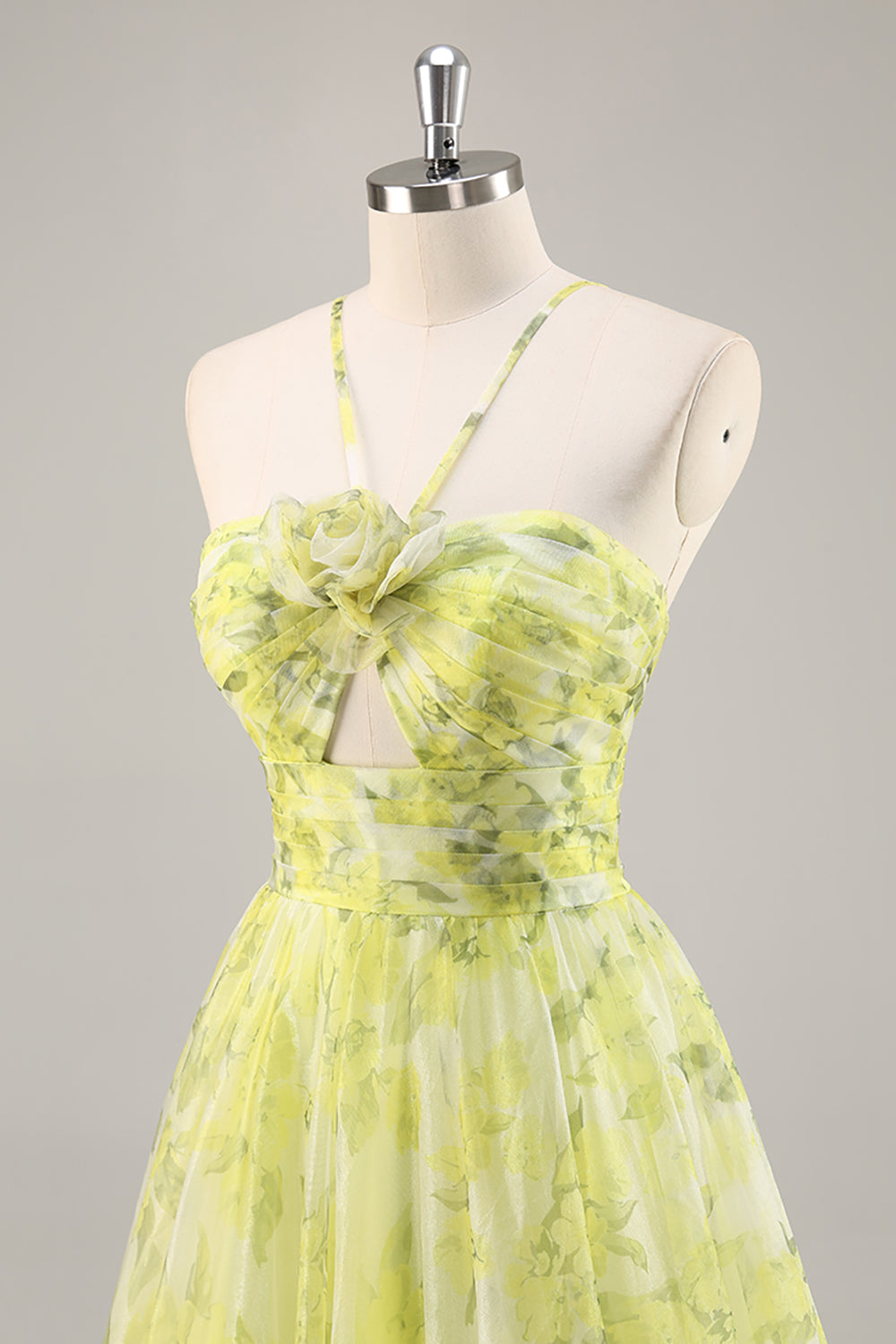 Yellow Green Halter Print Floral Prom Dress With 3D Flower - Image 6
