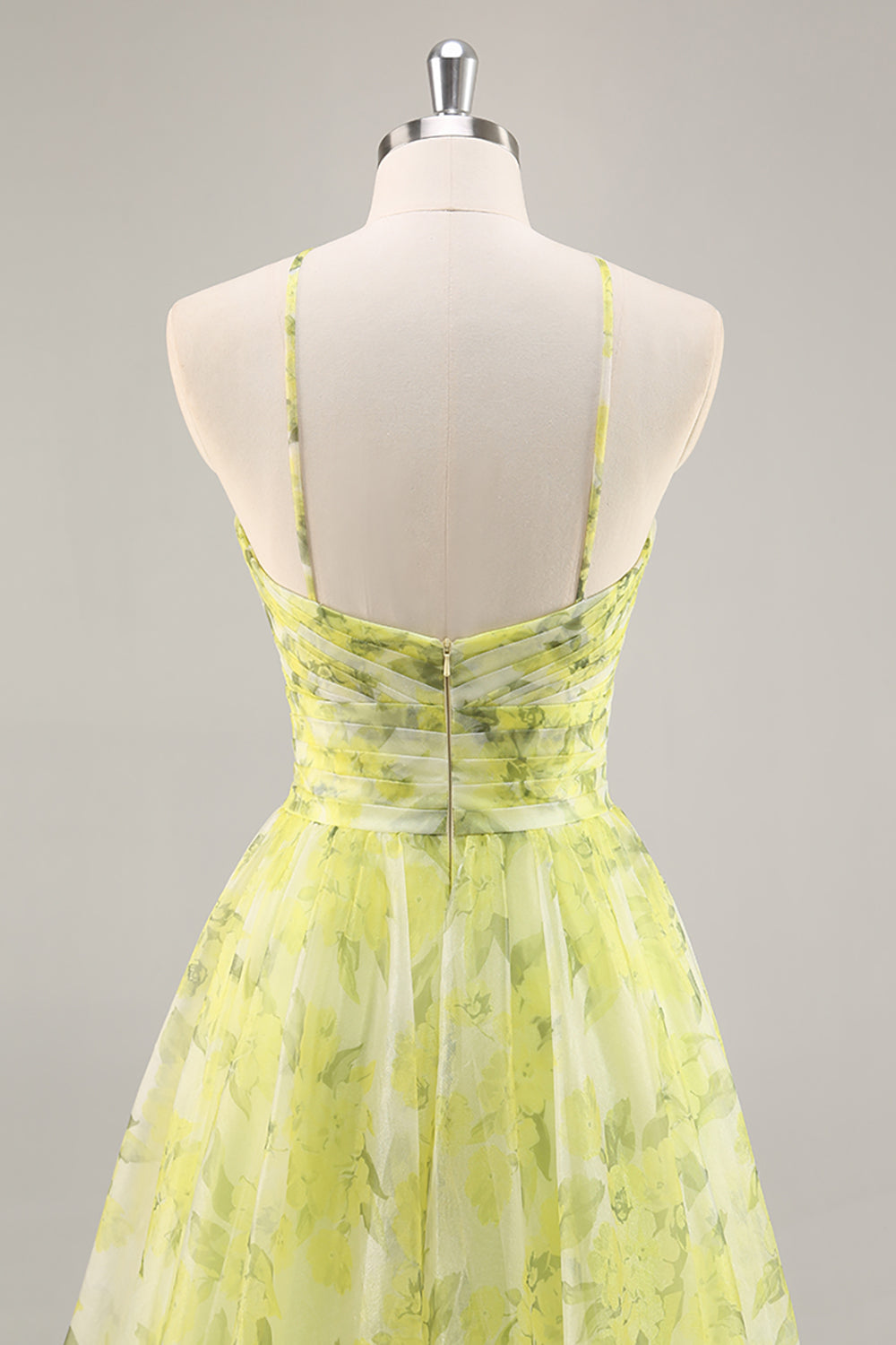 Yellow Green Halter Print Floral Prom Dress With 3D Flower - Image 5