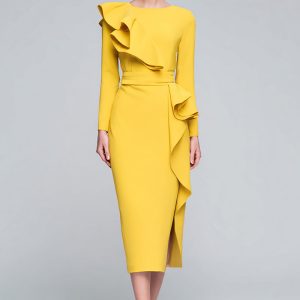Yellow Sheath Ruffle Midi Work Dress With Long Sleeves