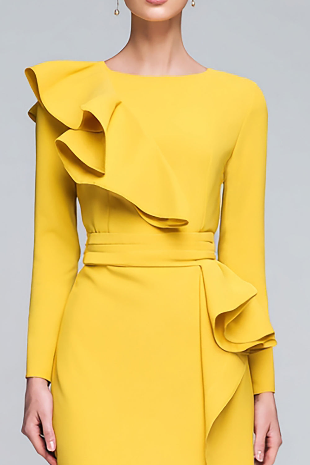 Yellow Sheath Ruffle Midi Work Dress With Long Sleeves - Image 3