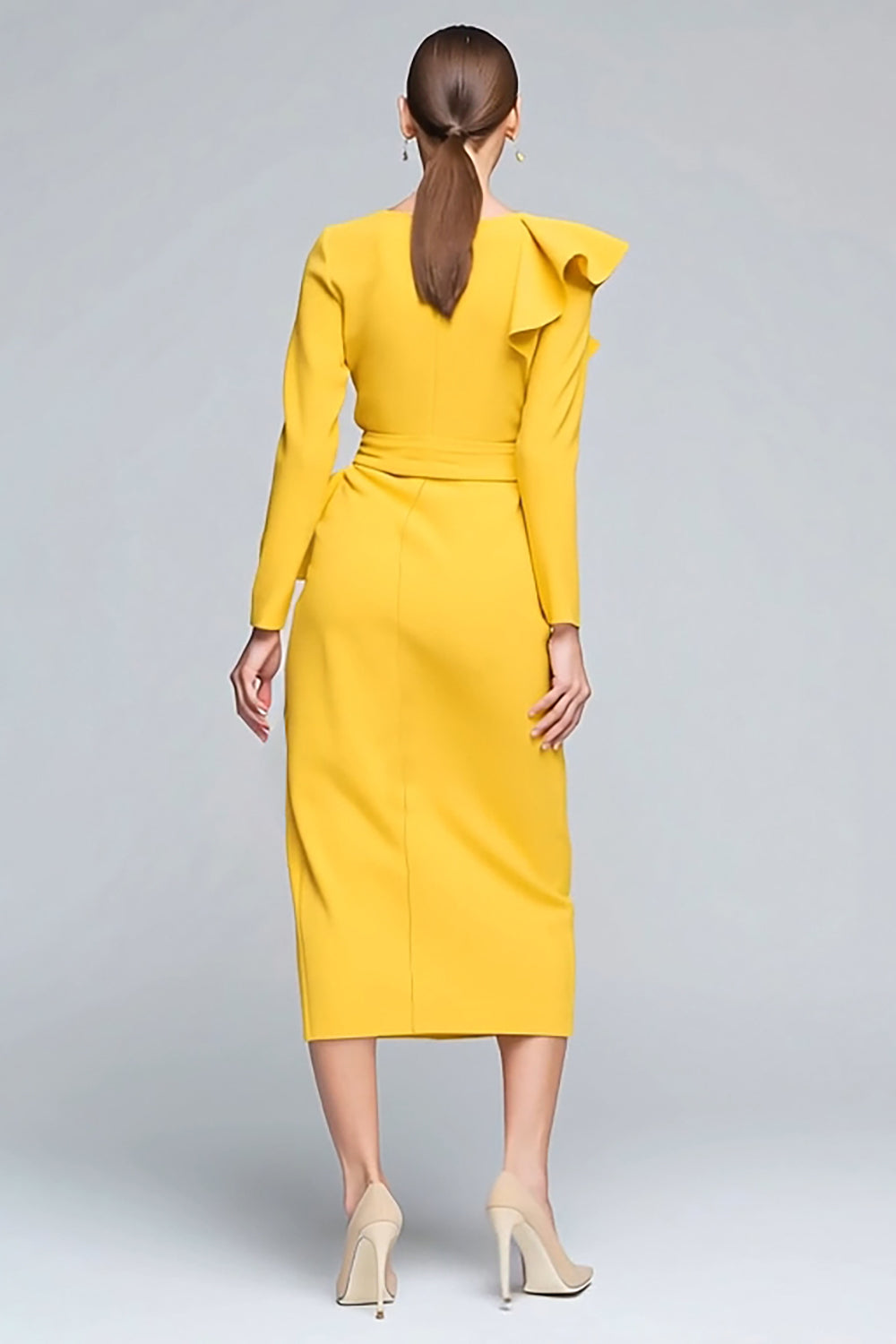 Yellow Sheath Ruffle Midi Work Dress With Long Sleeves - Image 2