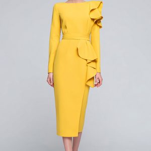 Yellow Long Sleeve Sheath Midi Work Dress With Ruffles