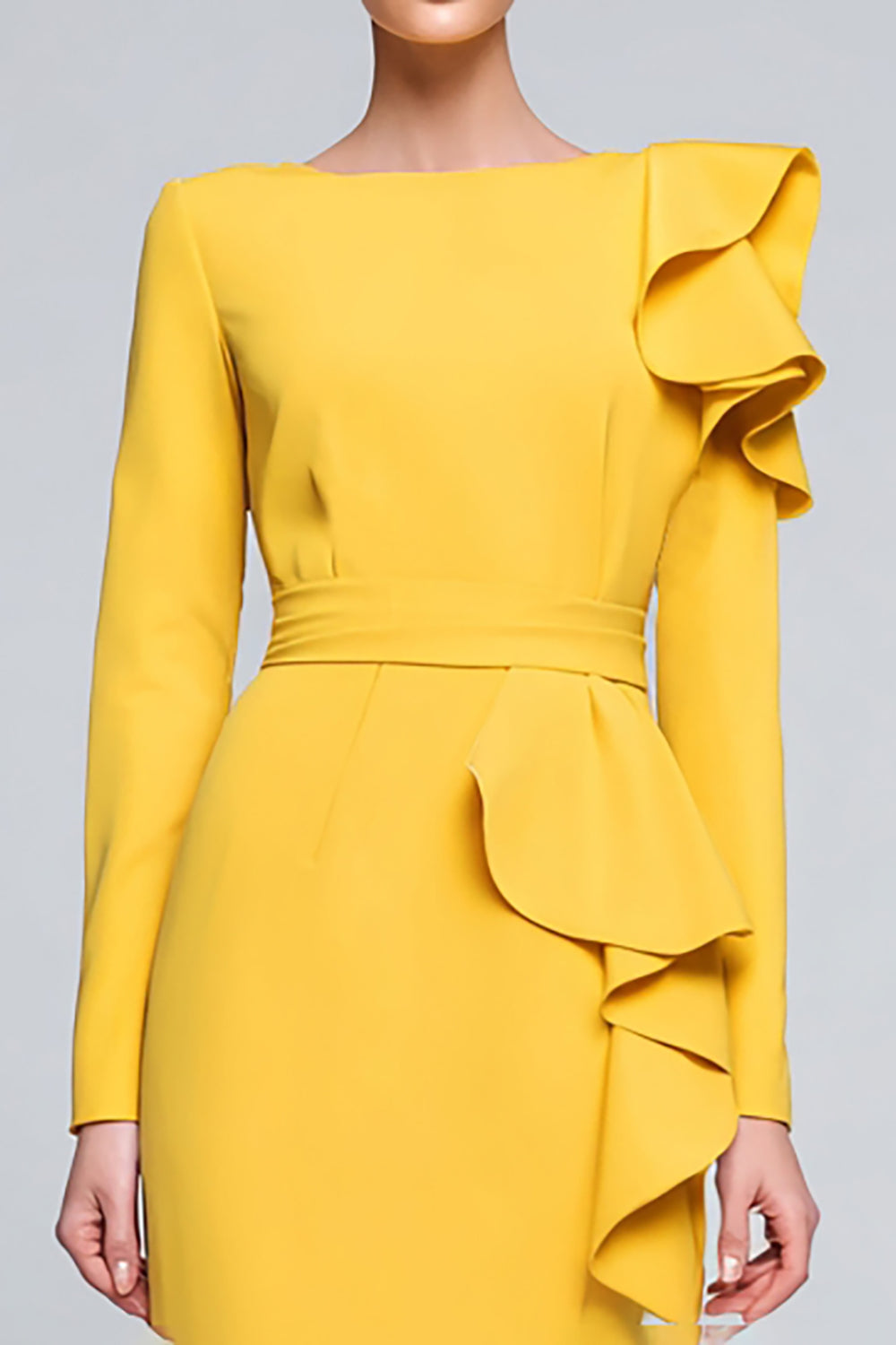 Yellow Long Sleeve Sheath Midi Work Dress With Ruffles - Image 2