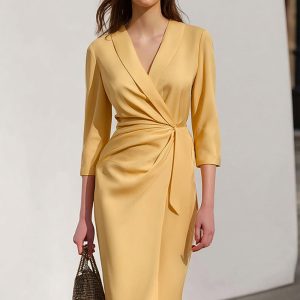 Yellow Pencil Midi Work Dress With 3/4 Sleeves