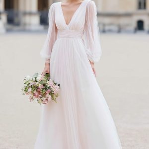 White V-Neck A-Line Long Sleeve Wedding Dress