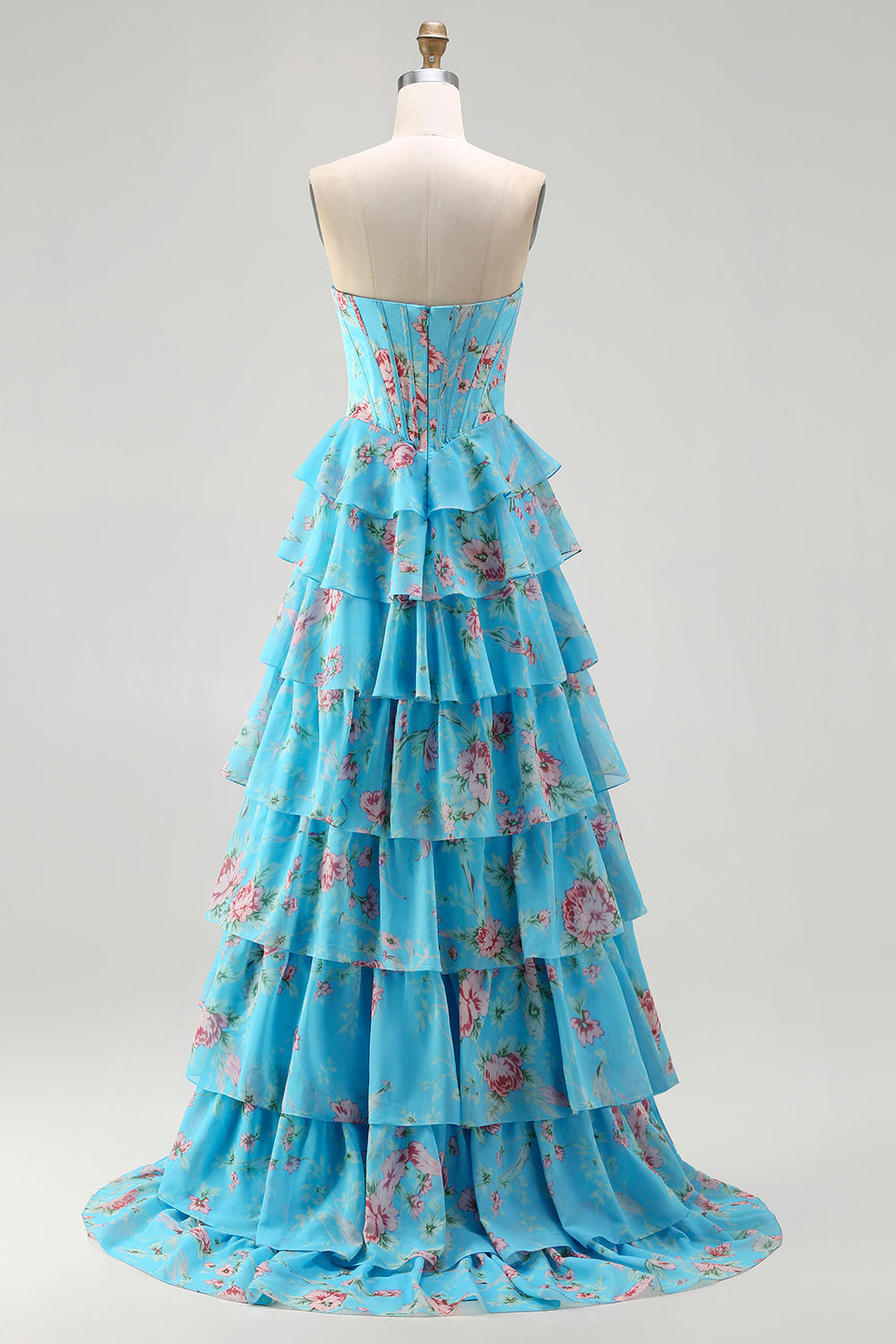 Yellow Floral Tiered Strapless Corset Prom Dress - Image 21