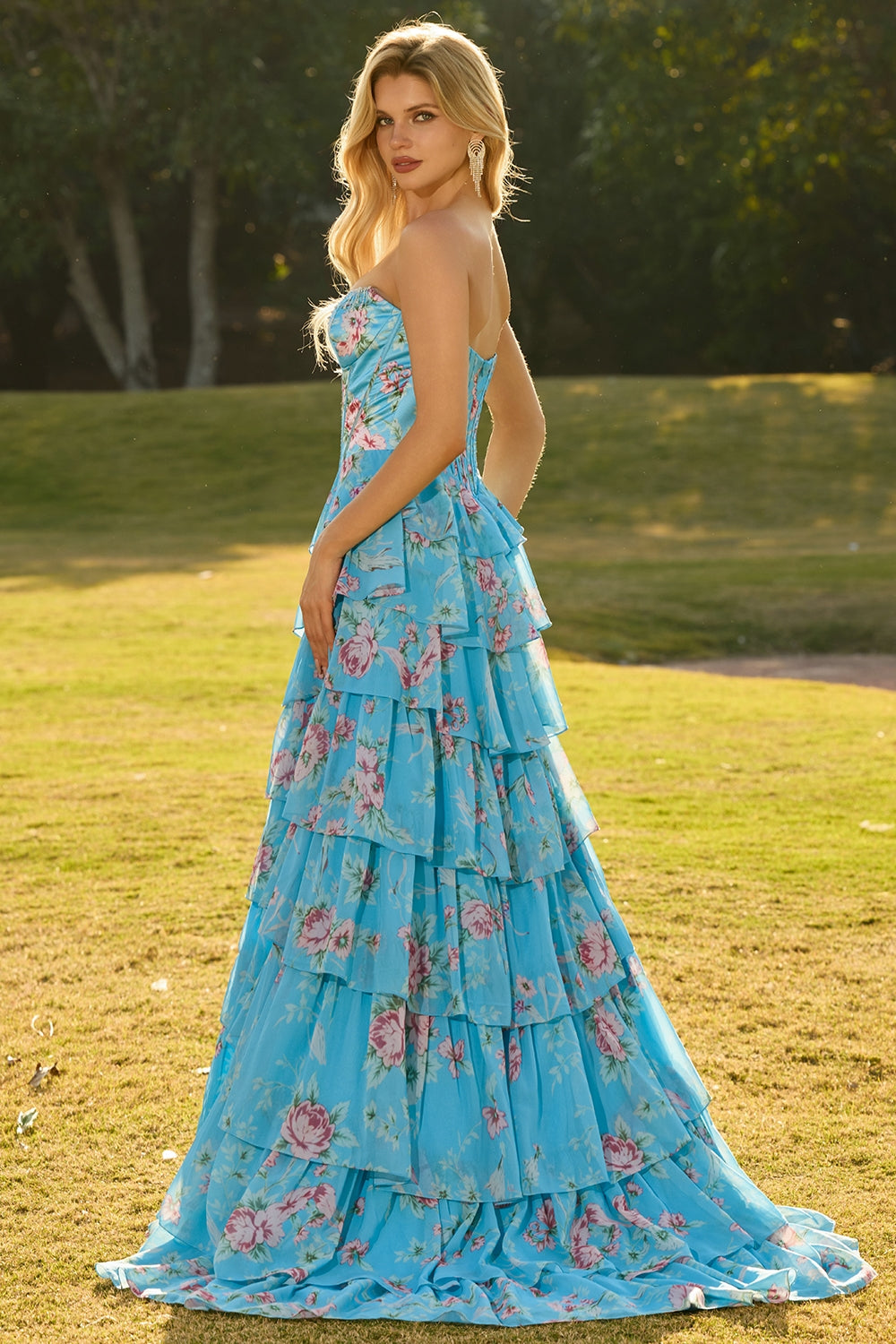 Yellow Floral Tiered Strapless Corset Prom Dress - Image 18