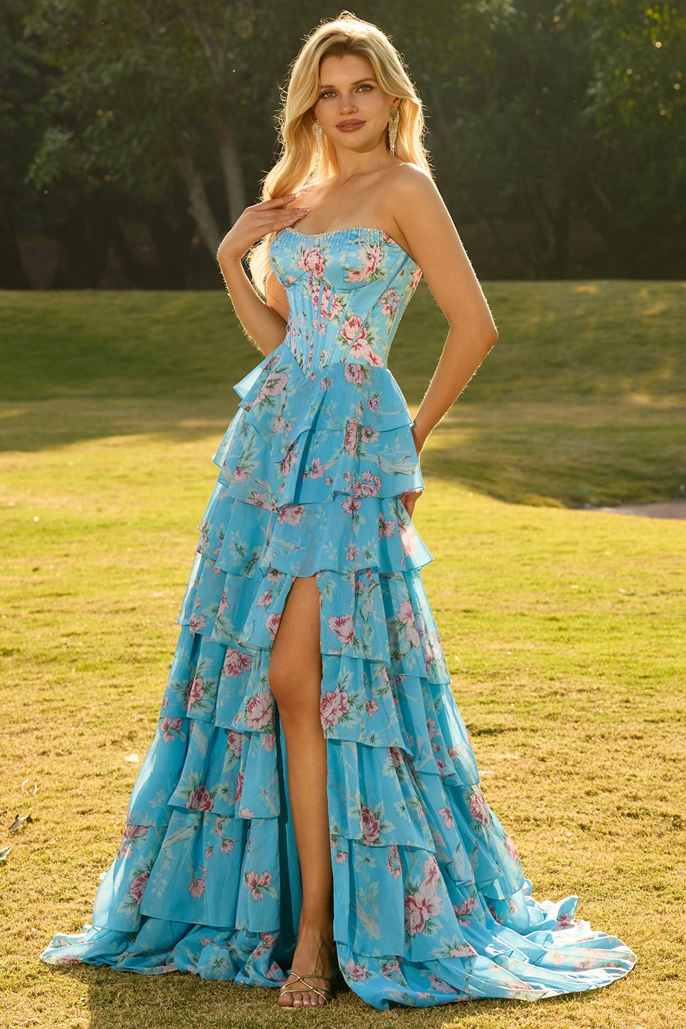 Yellow Floral Tiered Strapless Corset Prom Dress - Image 13