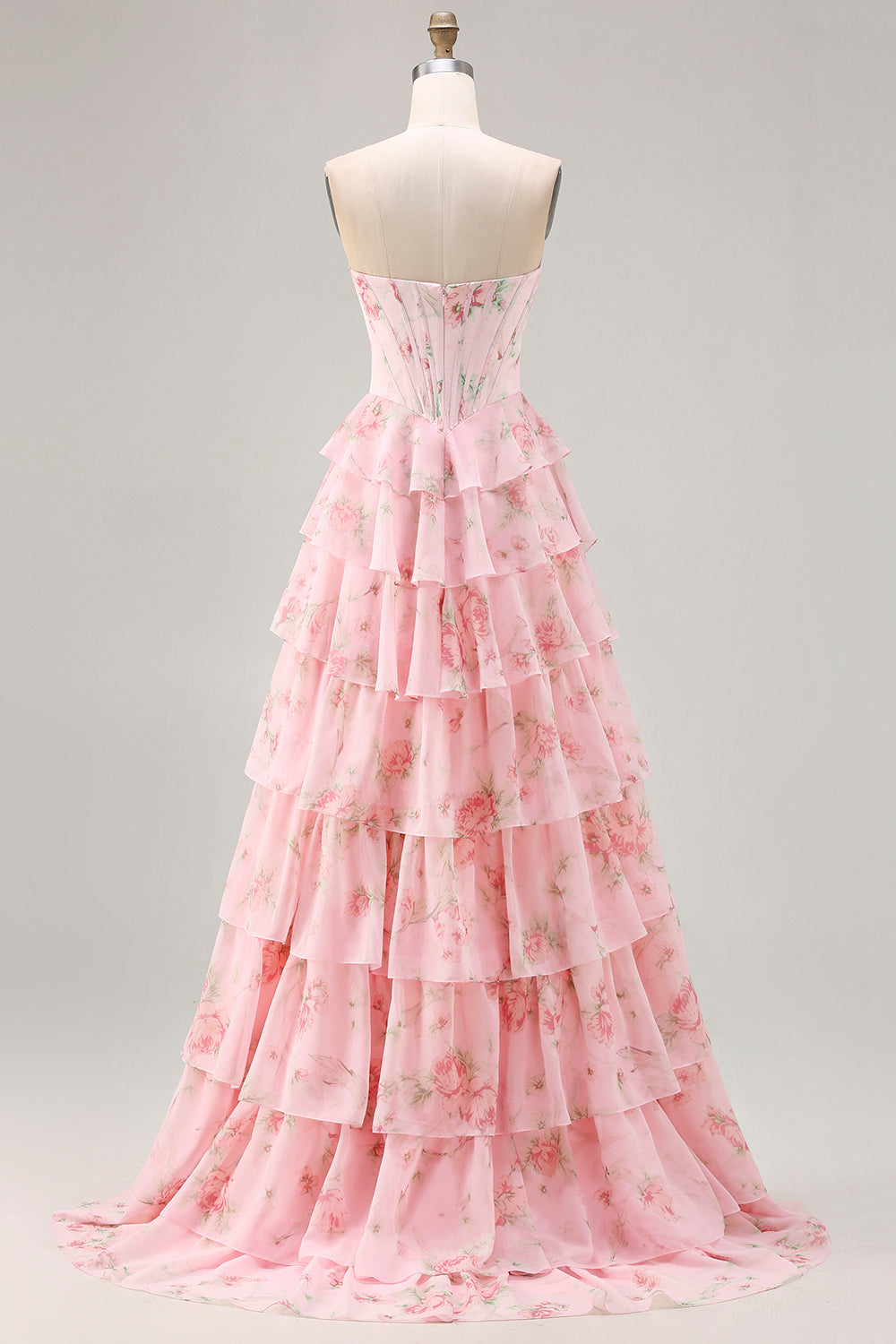 Yellow Floral Tiered Strapless Corset Prom Dress - Image 12