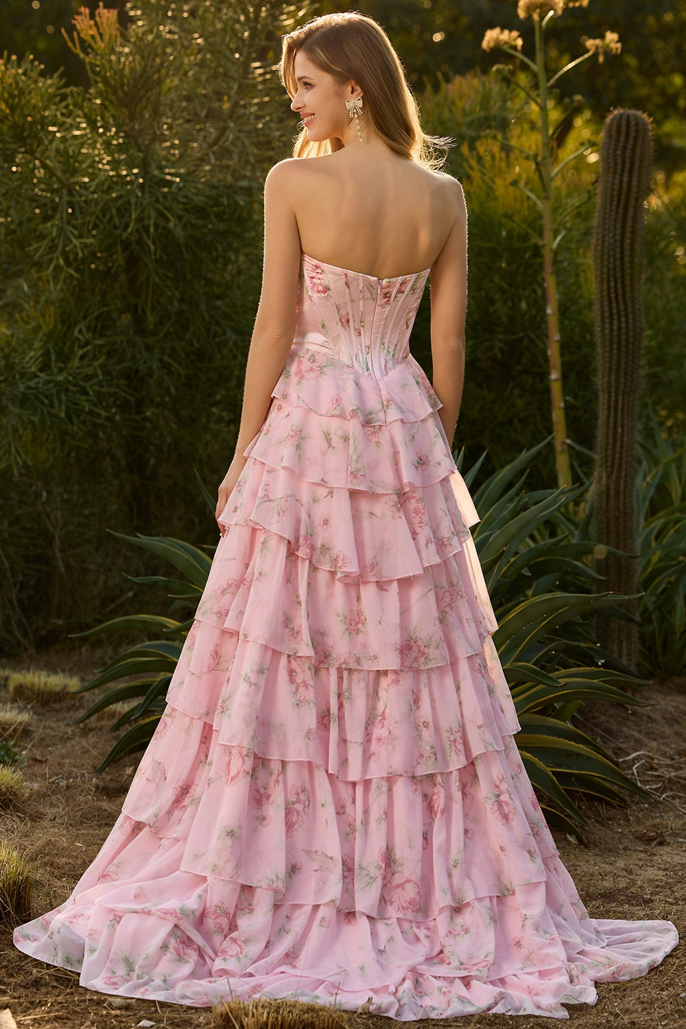 Yellow Floral Tiered Strapless Corset Prom Dress - Image 6