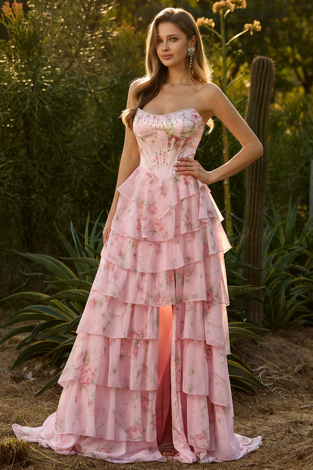 Yellow Floral Tiered Strapless Corset Prom Dress - Image 7