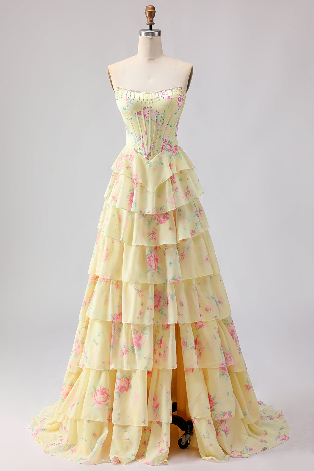 Yellow Floral Tiered Strapless Corset Prom Dress - Image 3