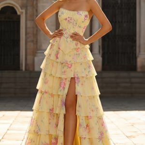 Yellow Floral Tiered Strapless Corset Prom Dress