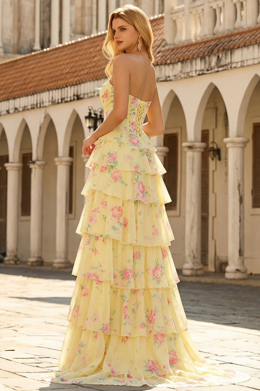 Yellow Floral Tiered Strapless Corset Prom Dress - Image 2