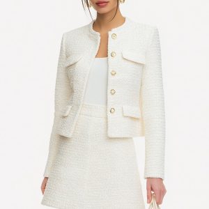 White Tweed 2-Piece Single Breasted Mini Skirt Suits