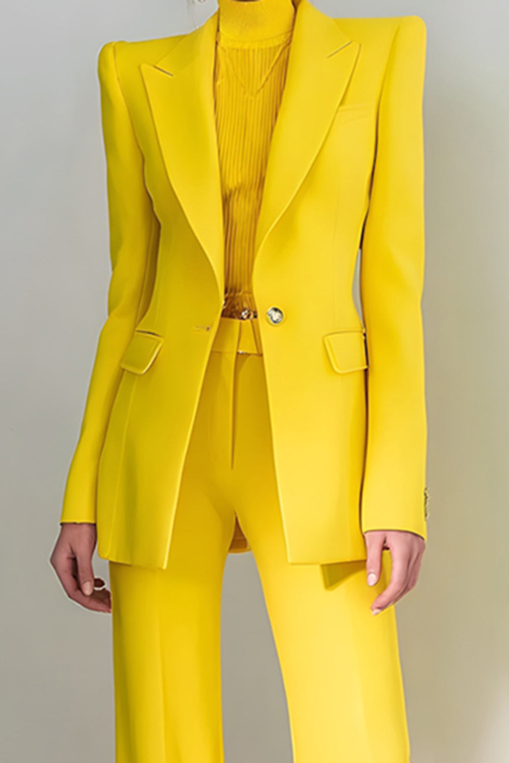Yellow Peak Lapel Long Sleeve Slim Fit Women Suits - Image 2