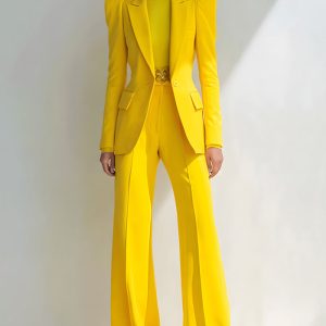 Yellow Slim Fit Peak Lapel One Button 2 Piece Women Suits