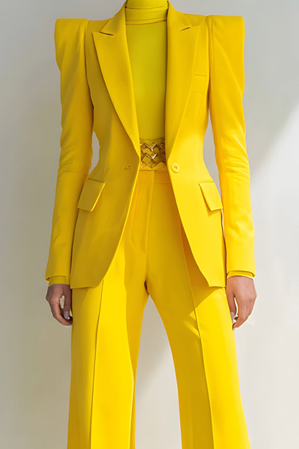 Yellow Slim Fit Peak Lapel One Button 2 Piece Women Suits - Image 2