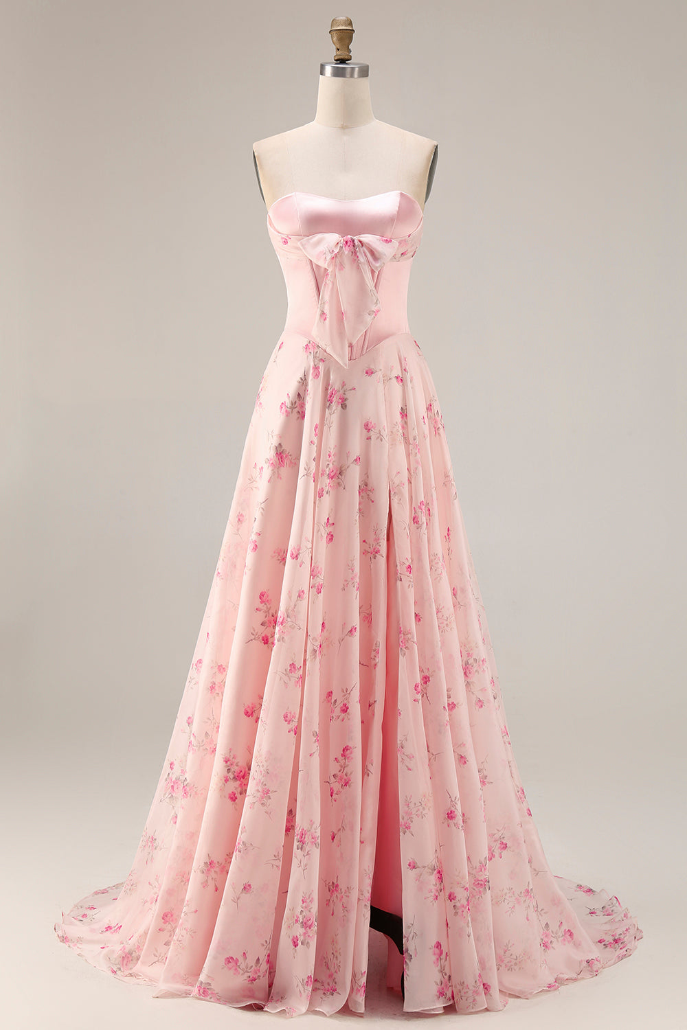 Yellow Blue Floral Strapless Corset A Line Prom Dress - Image 7